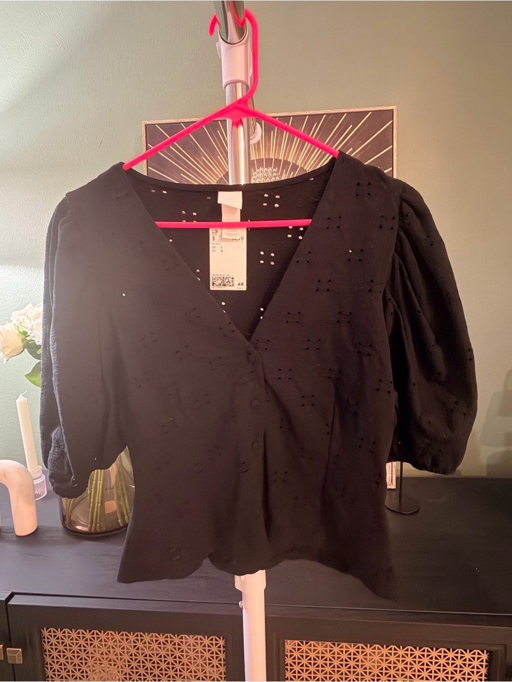 H&M Black Eyelet V-Neck Puff Sleeve Blouse